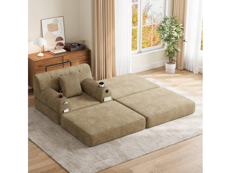 Fauteuil-lit convertible compressé 1 place en velours côtelé beige avec repose-pieds - Conforama B