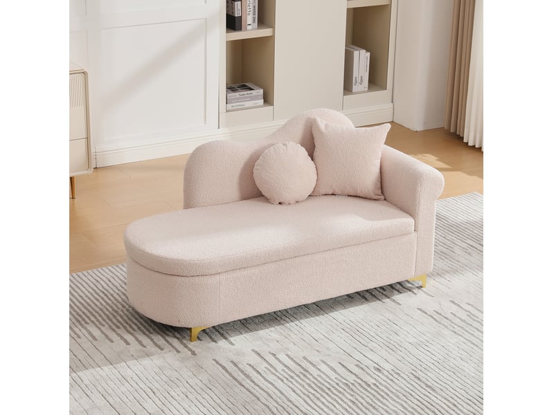  Méridienne avec coffre de rangement, dossier ondulé et coussins lombaire et cervical, en tissu bouclette rose clair, 134 cm  - Conforama C