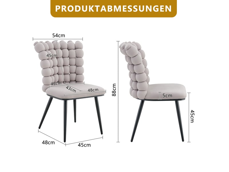  Lot de 2 chaises 54x48x88 cm salle à manger, design luxe gris clair en velours, pieds métal noir, dossier à motif perlé  - Conforama C