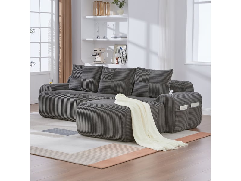 Canapé modulable 3 places 268 x 174 x 80 cm, avec poufs, porte-gobelets, poche de rangement latérale, velours côtelé, gris foncé Bliss Lite - Conforama D