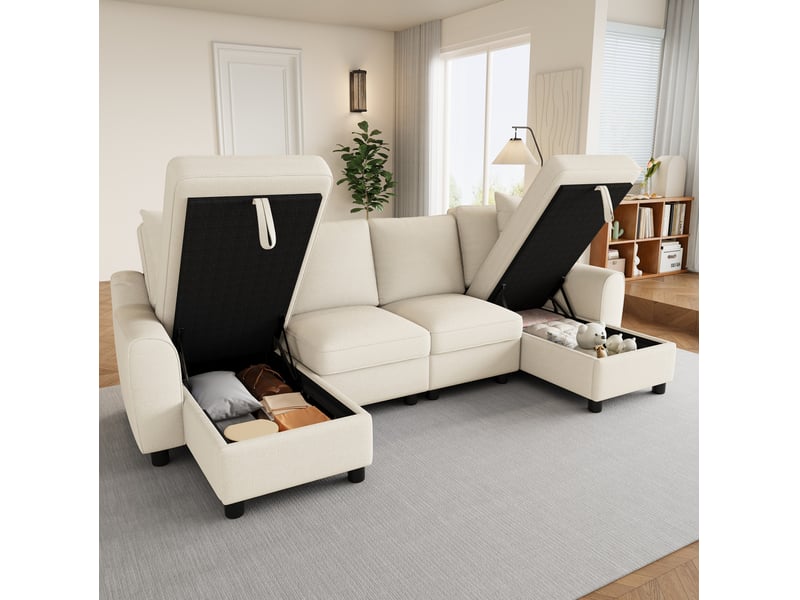 Canapé d'angle en u modenvie 4 places en chenille beige avec rangements 280 x 137 x 84 cm - Conforama D