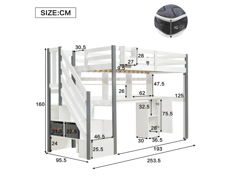  Lit mezzanine mi-hauteur enfant 200×90 cm avec bureau, rangements et escalier latéral, sans matelas, blanc et gris  - Conforama D