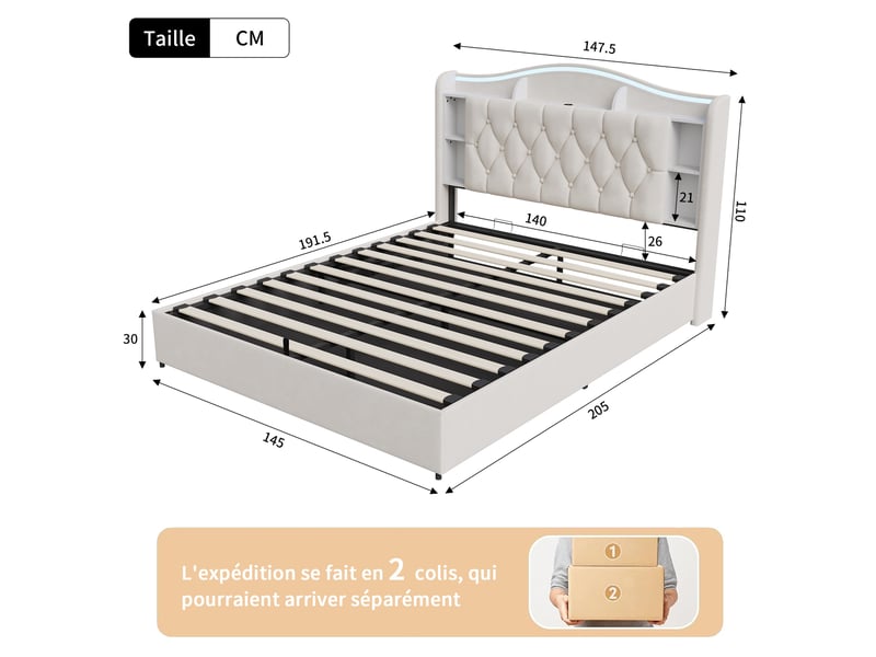 Lit coffre 140x190cm - lit double 140x190 - rembourré en velours avec led rgb, tête de lit avec rangement et usb - beige - Conforama E