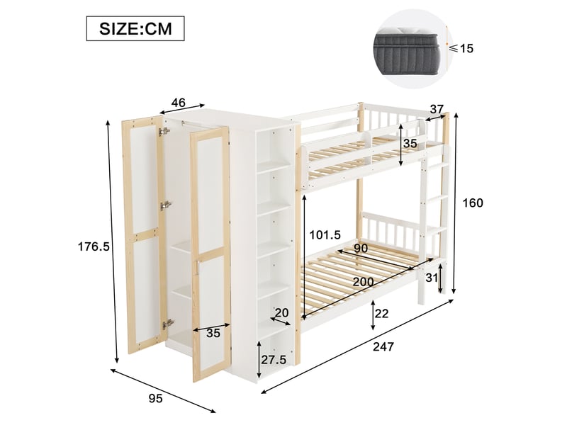 Lit superposé 90x200 cm avec 6 étagères, armoire latérale et escalier à 4 marches, barrières de sécurité, bois, mdf, blanc et bois - Conforama D
