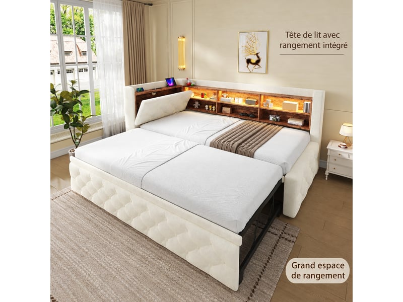  Canapé-lit extensible 90 x 190 cm avec rangement dans l’accoudoir, velours beige  - Conforama B