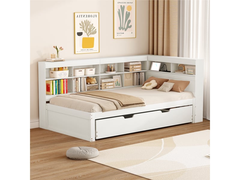  Lit gigogne 90x200 + 90x190 cm avec rangements et port usb, pin blanc, sans matelas  - Conforama E