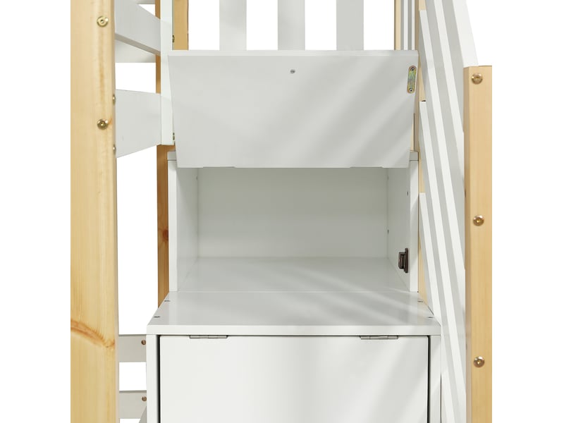  Lit superposé enfant 90x200 cm – blanc et naturel – escalier de rangement, toit et fenêtres – sans matelas  - Conforama E
