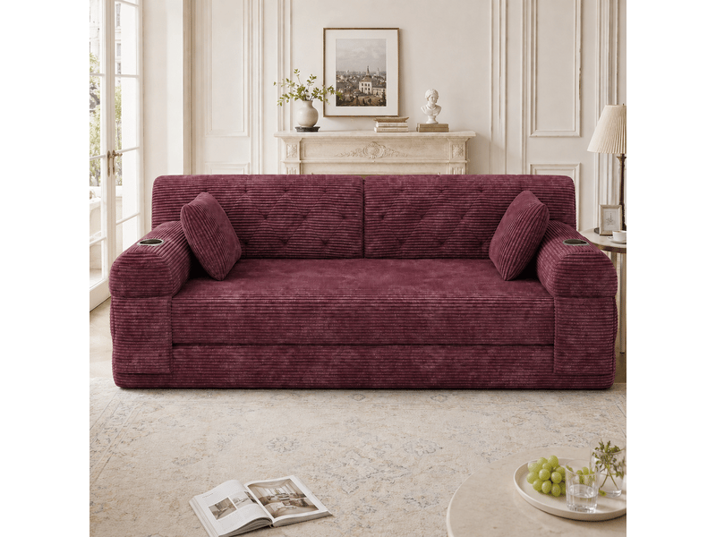  Canapé convertible, canapé-lit, 2 places, en velours, poches latérales, porte-gobelets, format compressé, structure métallique  - Conforama D