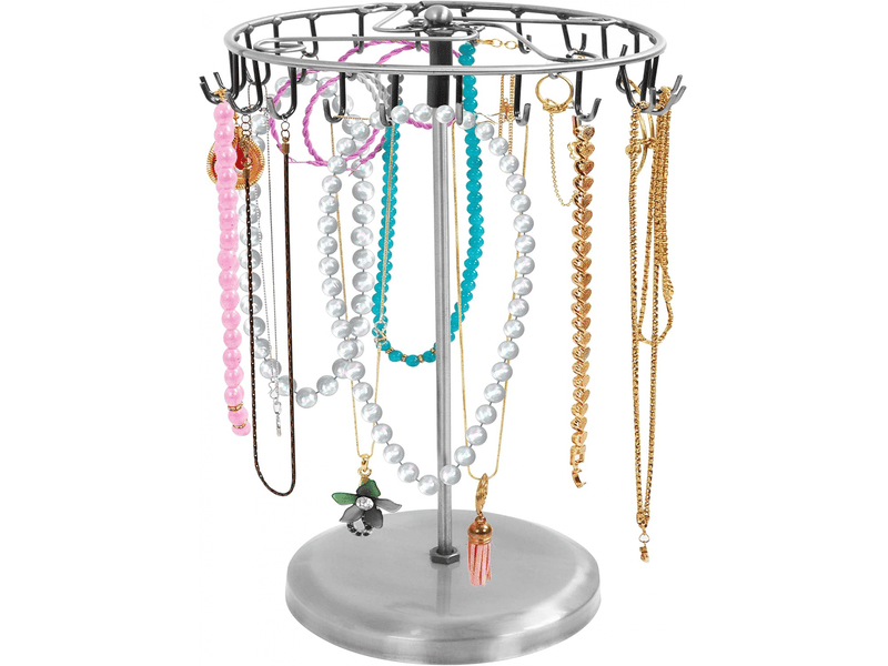 Présentoir à bijoux rotatif en métal argenté (23 crochets) - h 34,8 x l 20,5 cm - colliers, bracelets, boucles d'oreilles - Conforama A