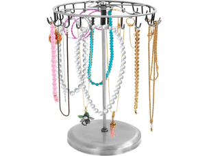Présentoir à bijoux rotatif en métal argenté (23 crochets) - h 34,8 x l 20,5 cm - colliers, bracelets, boucles d'oreilles