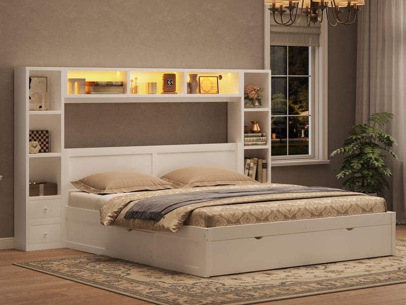  Lit plateforme 140 x 200 cm, tête et pied de lit inclus, 7 tiroirs, plusieurs compartiments de rangement, bandeau led, blanc  - Conforama B