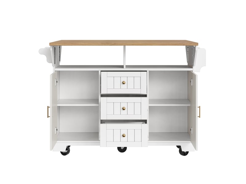  Îlot de cuisine 142,5x40(80)x95 cm, 3 tiroirs, 2 portes, plateau pliable, pour cuisine, en mdf et métal, bois et blanc  - Conforama E