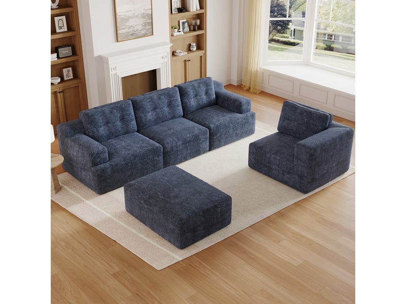 Canapé d'angle modulable 5 places avec pouf en chenille bleu - Conforama B