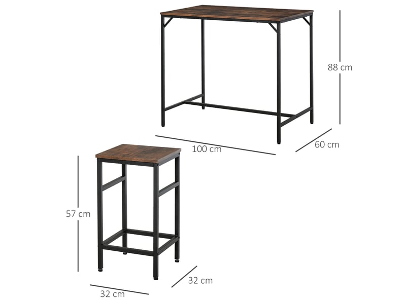  Ensemble table bar 5 pièces, tabourets, table à manger 4 chaises, cuisine, marron rustique et noir.  - Conforama E