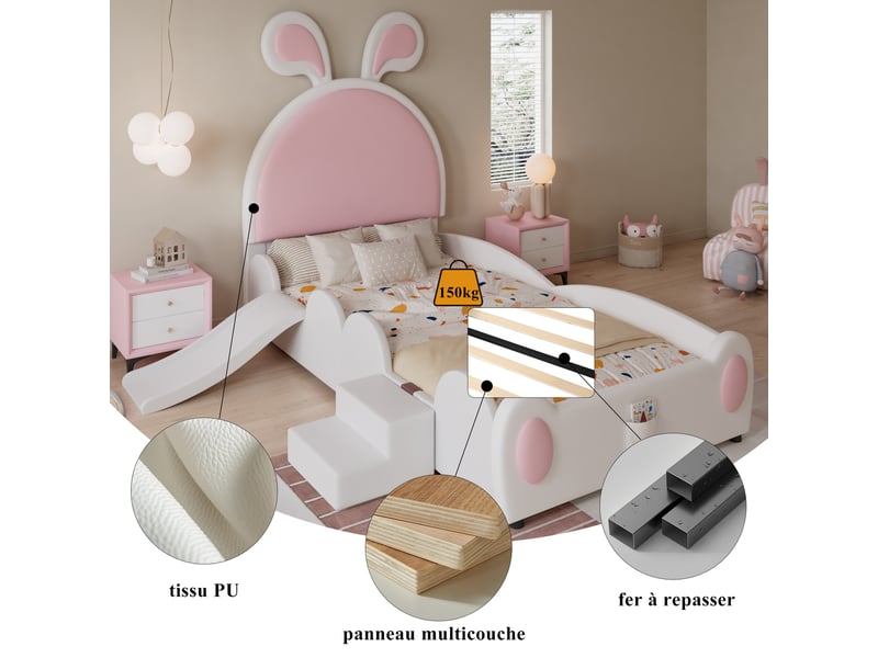  Lit enfant 90x200 cm, escalier, toboggan, sommier,  style cartoon, pu blanc+rose, sans matelas  - Conforama D