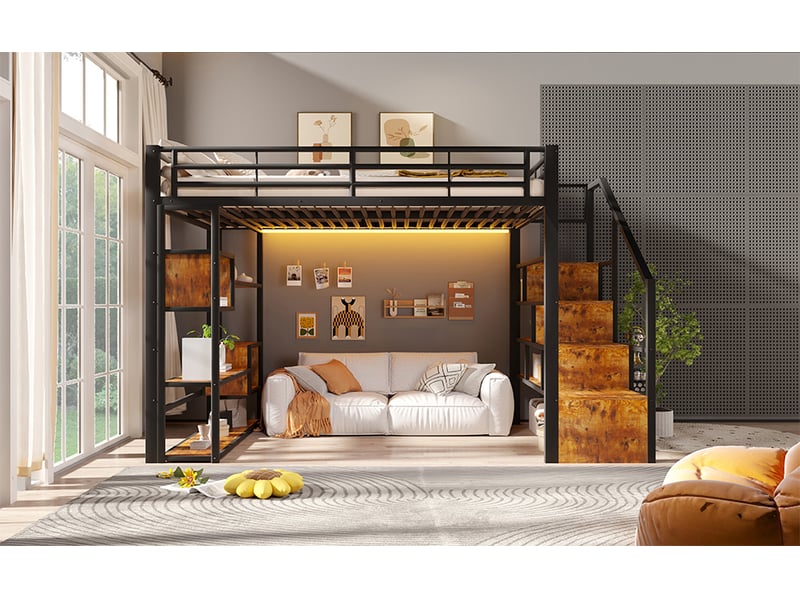 Lit mezzanine 140x200 cm, led, escalier avec rangements et étagères, espace inférieur libre, métal et mdf, noir - Conforama B