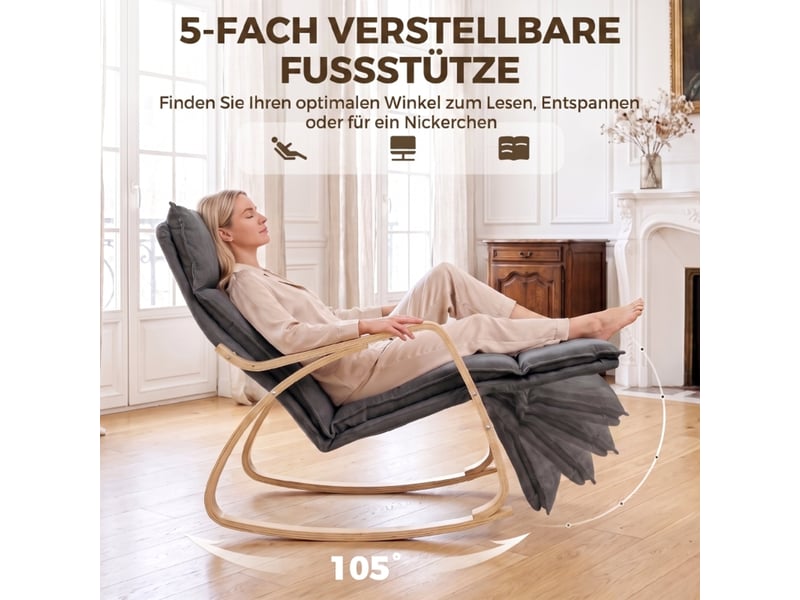  Fauteuil à bascule gris foncé avec repose-pieds réglable 5 positions, tissu aspect lin, cadre en acier et bois, 106x67x92 cm  - Conforama R