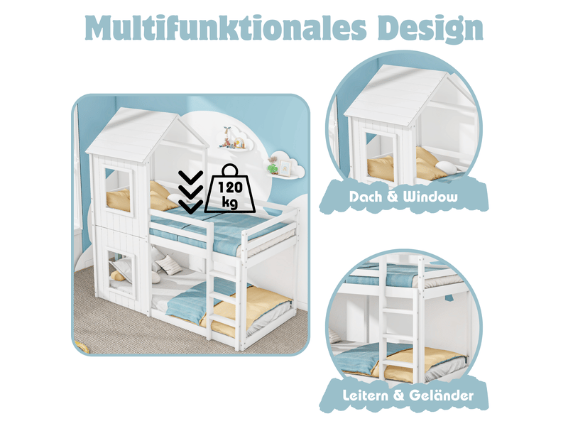  Lit cabane enfant 90x200 avec toit et échelle, lit superposé en bois massif pour fille et garçon blanc, cadre inclus, charge 120kg.  - Conforama D