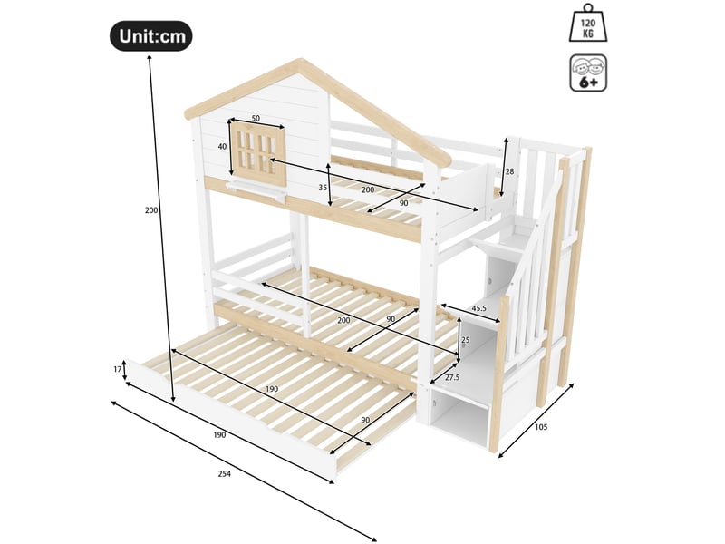 Lit superposé 90x200 cm avec lit gigogne, escalier de rangement et design maisonnette, blanc et naturel, sans matelas - Conforama C