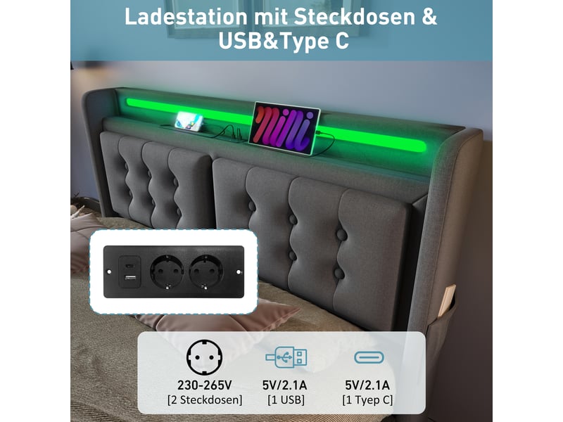  Lit coffre 140x200 gris avec led et prises usbtype-c  - Conforama D