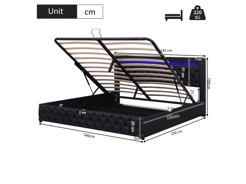  Lit coffre capitonné 140 x 190 cm avec sommier, rangement hydraulique et led noir  - Conforama C