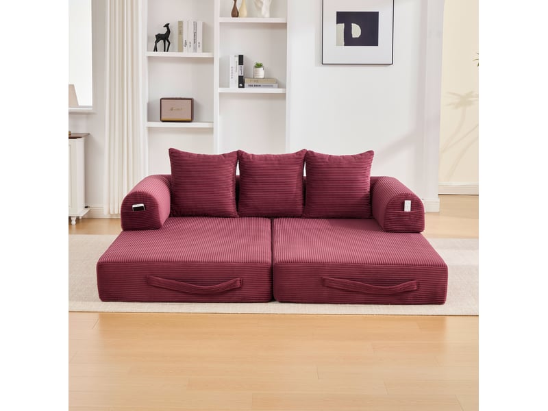  Canapé pliable modulable en métal et tissu, poches latérales et 3 coussins, canapé pour salon, rouge vin  - Conforama D