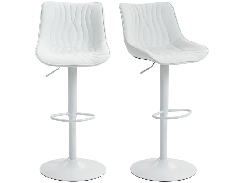  Ensemble de 2 tabourets de bar blancs, réglables en hauteur, avec dossier, assise en similicuir, structure en acier et repose-pieds.  - Conforama A