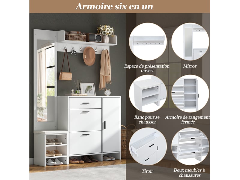  Meuble d'entrée avec banc, miroir, 6 crochets, 1 tiroir, 2 abattants et rangements, mdf blanc, 140 × 30 × 200 cm  - Conforama E