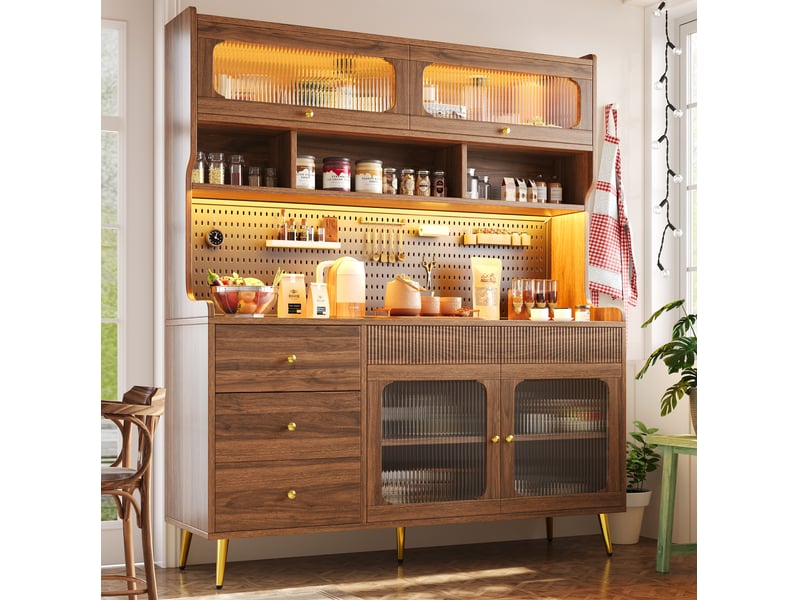  Meuble tv haut 145x39x171 cm couleur noyer, mdf métal et verre, rangement avec led et app  - Conforama B