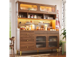 Meuble tv haut 145x39x171 cm couleur noyer, mdf métal et verre, rangement avec led et app