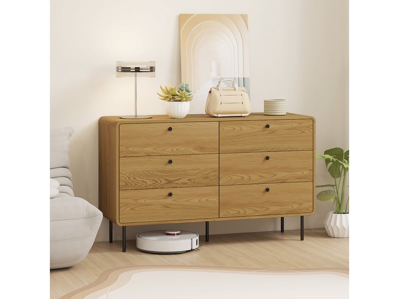  Commode 6 tiroirs meuble de rangement style moderne arrondis coins et pieds en acier 120 x 40 x 75cm effet bois de chêne  - Conforama D