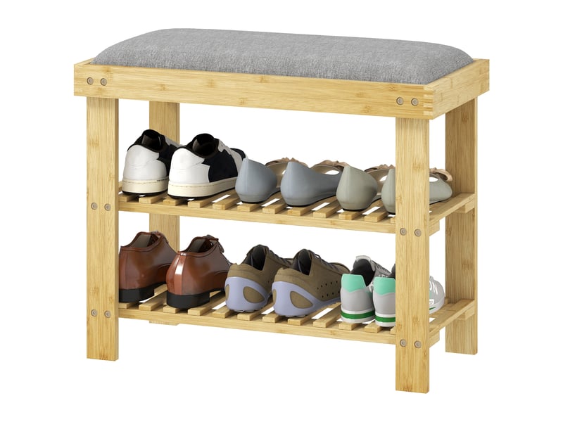  Banc à chaussures en bambou avec coussin, étagère à chaussures à 2 niveaux pour entrée ou chambre, 60 x 29 x 49 cm, gris  - Conforama B