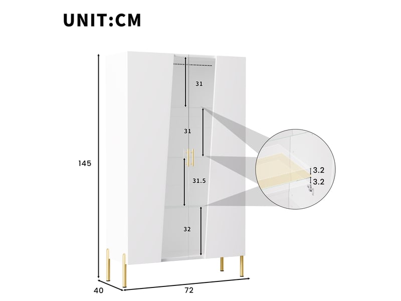  Vitrine led avec porte vitrée asymétrique, 3 étagères en verre, pieds métal, pour salon et salle à manger, blanc  - Conforama E