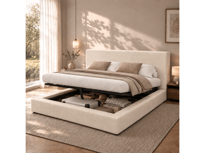  Lit coffre rembourré 180 x 200 cm, rangement hydraulique, sommier à lattes, tête de lit rembourrée, grand espace de rangement, chenille, beige Bliss Lite - Conforama B