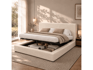 Lit coffre rembourré 180 x 200 cm, rangement hydraulique, sommier à lattes, tête de lit rembourrée, grand espace de rangement, chenille, beige