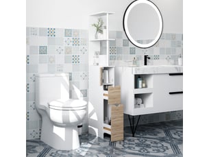 Meuble colonne salle de bain armoire de salle de bain avec tiroirs étagères ouvertes placard 15 x 33 x 136,8 cm blanc