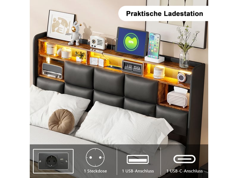  Lit coffre 140x190 avec rangement, lit 2 places avec led et ports usb lit hydraulique avec tête de lit capitonné lit double rembourré avec sommier à lattes lit 2 personnes noir pu, sans matelas  - Conforama D