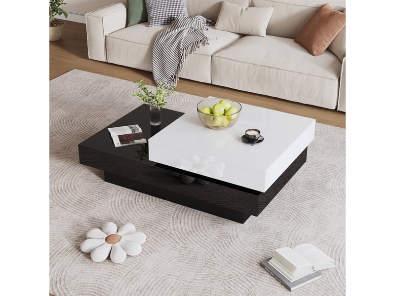  Table basse pivotante noir et blanc, table de salon moderne 103x60x35.5cm avec finition haute brillance  - Conforama E