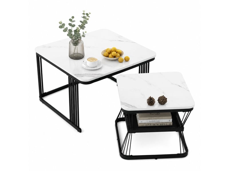  Set de 2 tables basses gigognes mdf effet marbre blanc et acier noir  - Conforama A