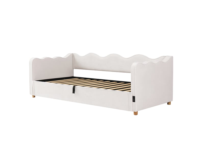  Lit banquette coffre 90x200 cm lit enfant en velours beige avec usb et type-c  - Conforama E