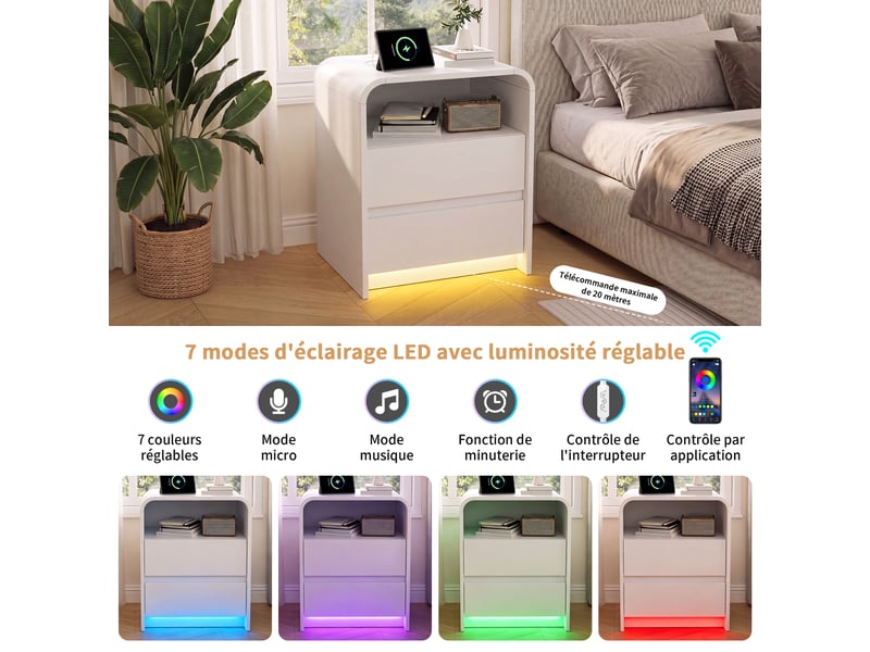  Table de chevet blanche lot de 2, avec éclairage led rgb, station de recharge 2 prises + usb‑c, 2 tiroirs + compartiment ouvert, conception sans poignée  - Conforama D