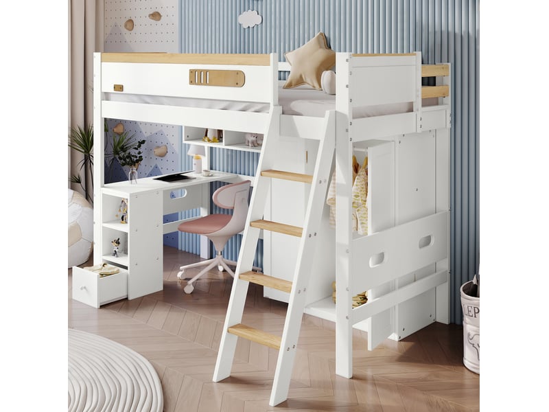  Lit mezzanine enfant 90 x 200 cm avec bureau, armoire et rangements blanc naturel  - Conforama D