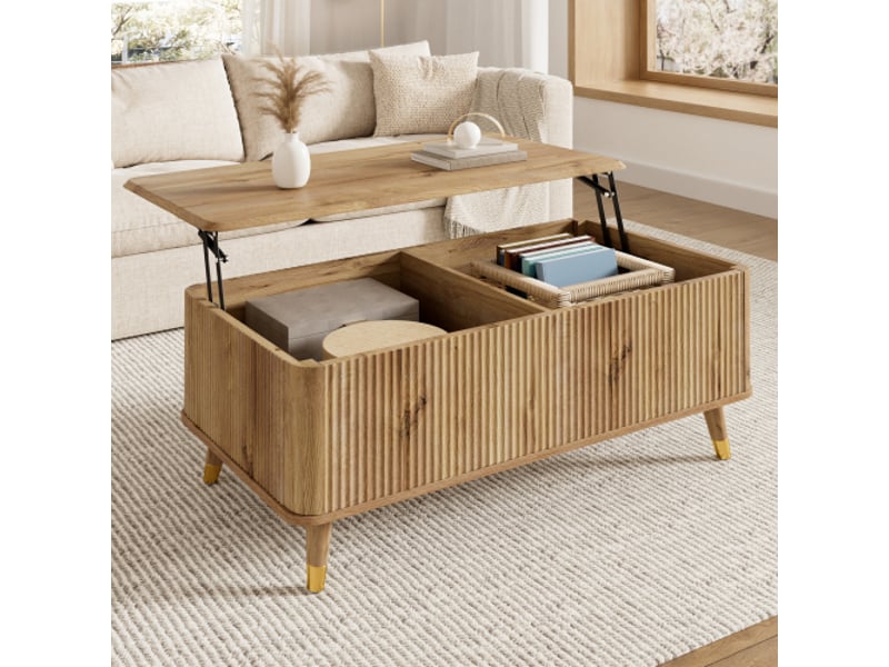 Table basse moderne rétro – plateau réglable, motif ondulé, look bois, pieds bois, grand rangement, table multifonction - Conforama B