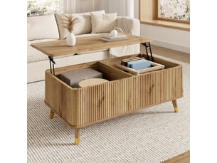 Table basse moderne rétro – plateau réglable, motif ondulé, look bois, pieds bois, grand rangement, table multifonction