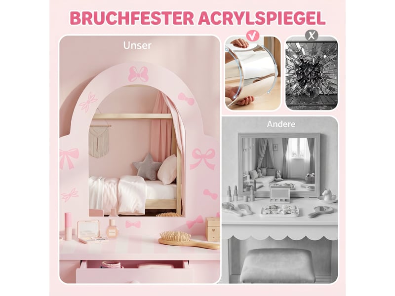  Coiffeuse enfant 2 en 1 avec tabouret et miroir mdf et pin rose et blanc 55x34x82 cm  - Conforama E
