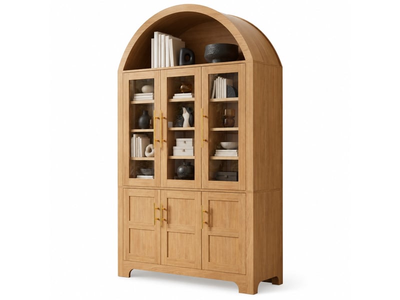  Buffet haut naturel avec niche en arc, 3 portes vitrées, 3 portes pleines, étagères réglables, poignées en aluminium  - Conforama A