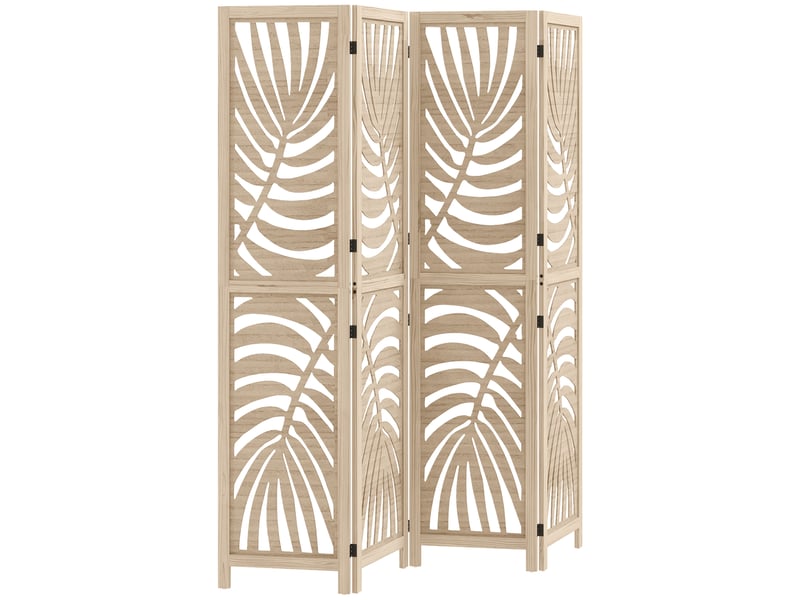  Paravent interieur en bois 4 panneaux 160 x 170 cm, pliable et portable, motif de feuille, bois naturel, design amovible  - Conforama B