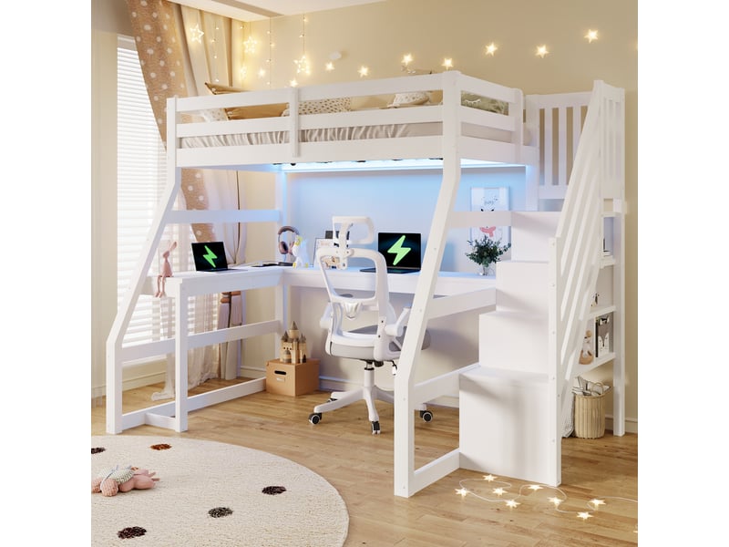  Grand lit surélevé 90x200 avec espace de travail en l, led, prise usb et escalier stockage, finition blanche  - Conforama C