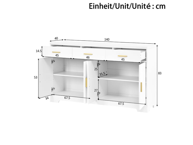  Buffet 4 portes avec 3 tiroirs et étagères réglables - lpospi - poignées dorées mdf blanc 140 × 40 × 83 cm  - Conforama D