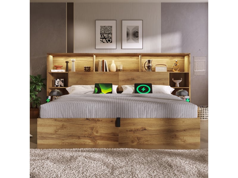 Lit coffre 160x200 cm, rangement hydraulique, 2 chevets intégrés, led 20 couleurs, 2 usb et 2 usb-c, sommier à lattes - effet chêne - Conforama B